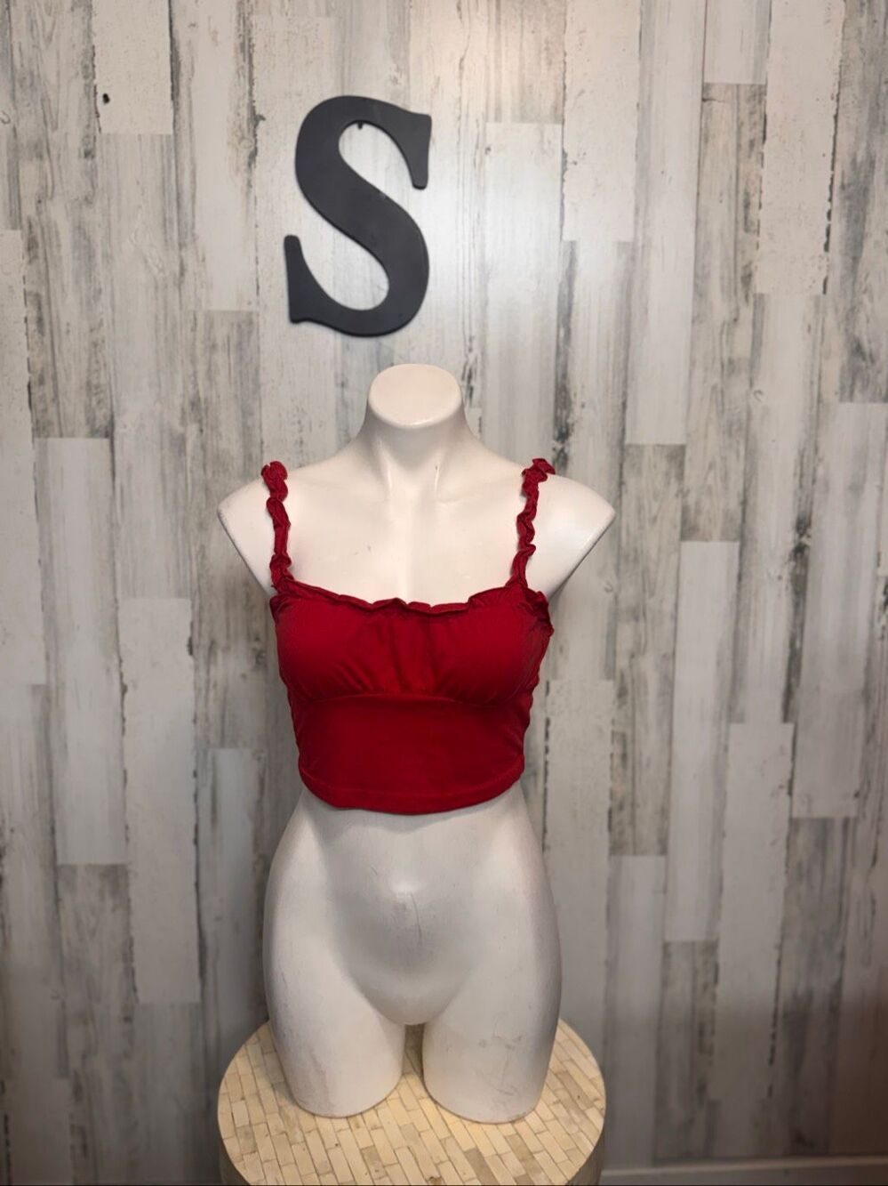 Cherry Red Ruffle Strap Ruched Bustier Corset Crop Tank Top Womens Small S